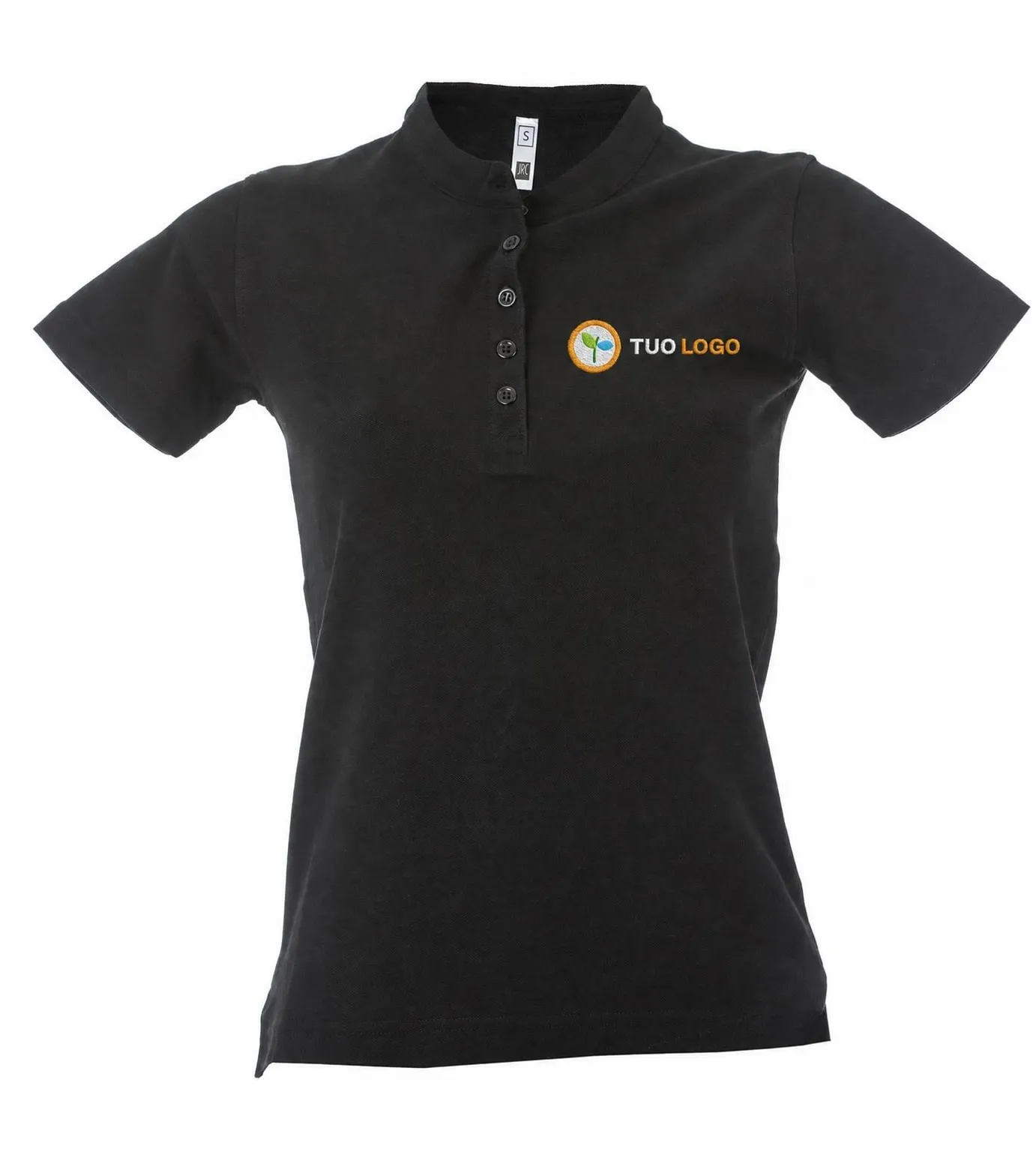 Polo donna manica corta in cotone piqué, con un logo di esempio applicato in ricamo