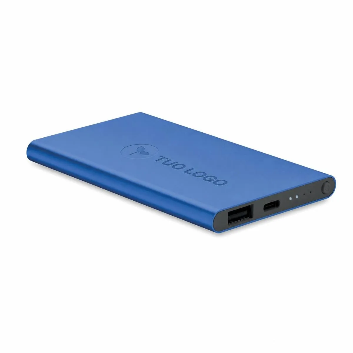 Power bank 4000 mAh in alluminio riciclato, con un logo di esempio applicato nell’area di stampa