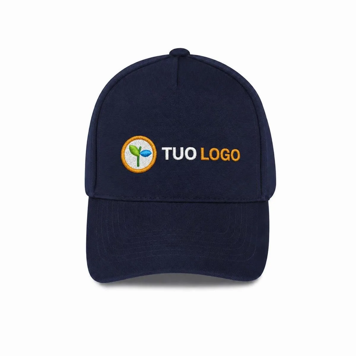Cappellino Baseball in Ottoman con Visiera Rigida, con un logo di esempio applicato in ricamo