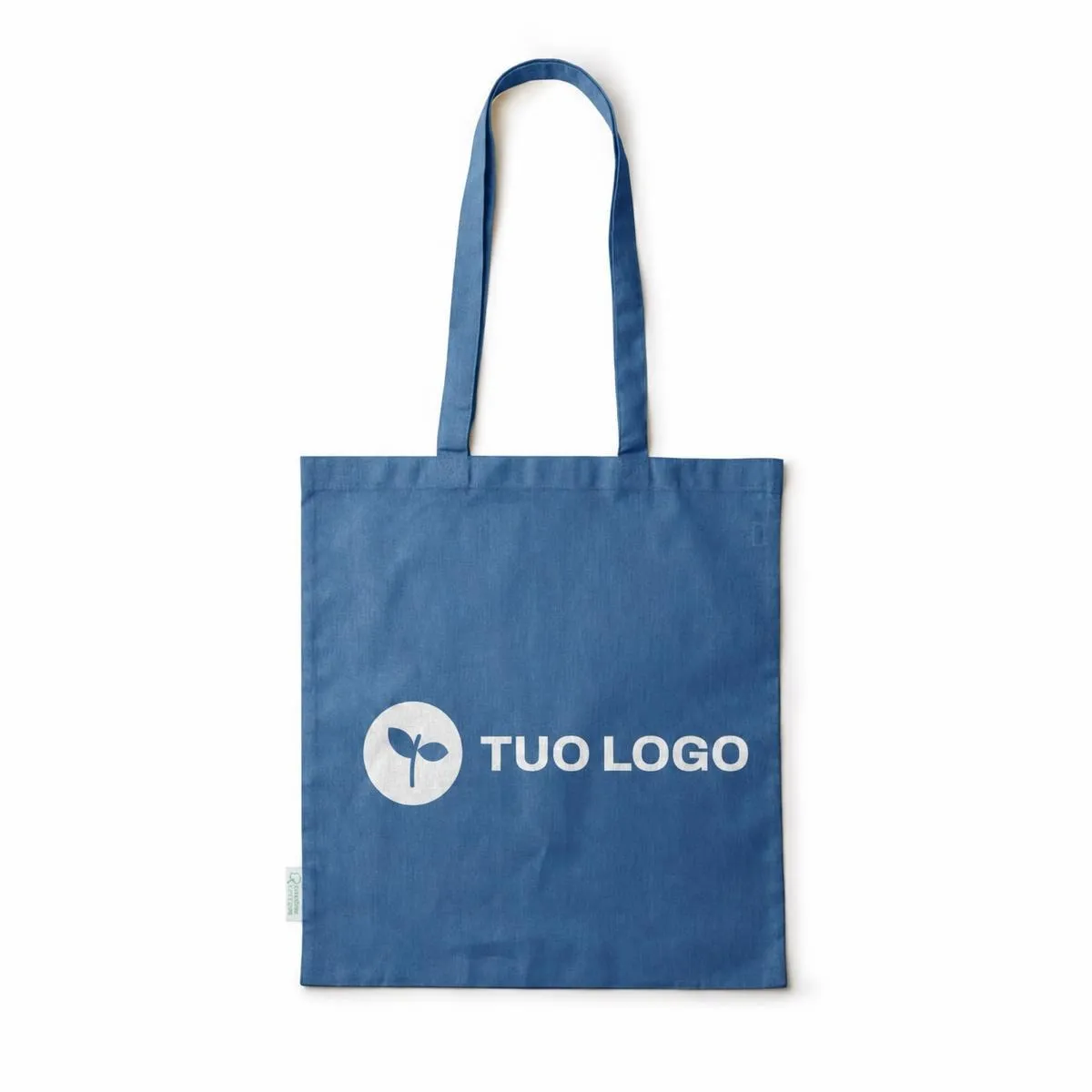 Shopper in cotone biologico con manici rinforzati, con un logo di esempio applicato nell’area di stampa