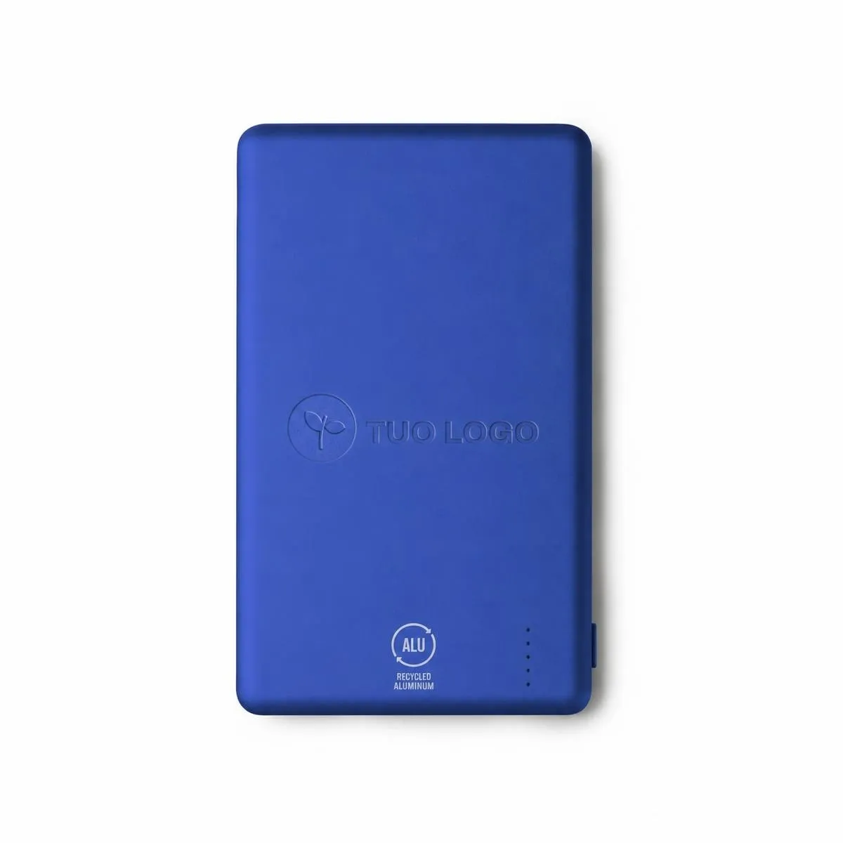 Power Bank Wireless in Alluminio Riciclato 5000 mAh, con un logo di esempio applicato nell’area di stampa