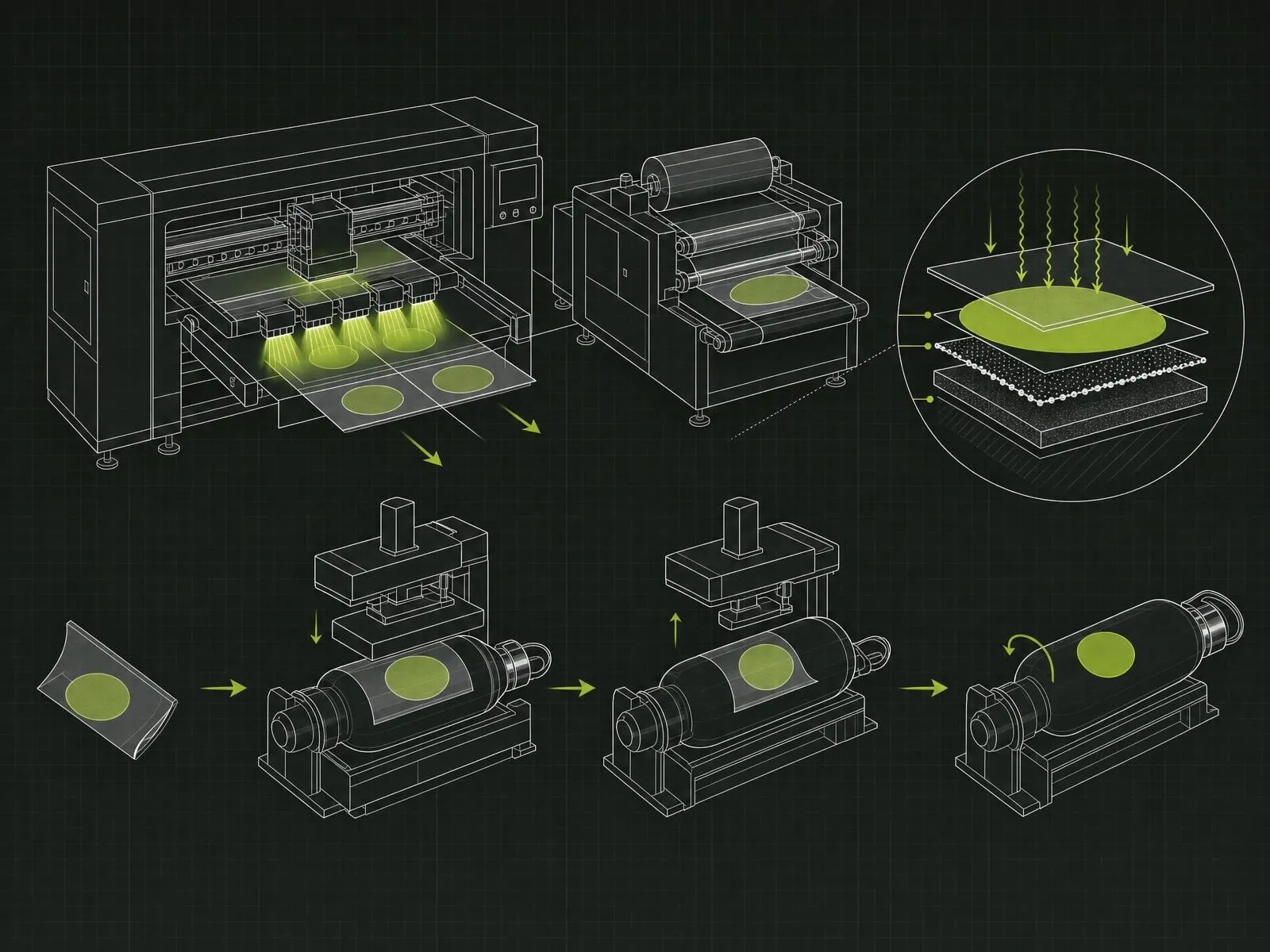 Schema di come si realizza la tecnica adesivo dtf uv con i macchinari industriali