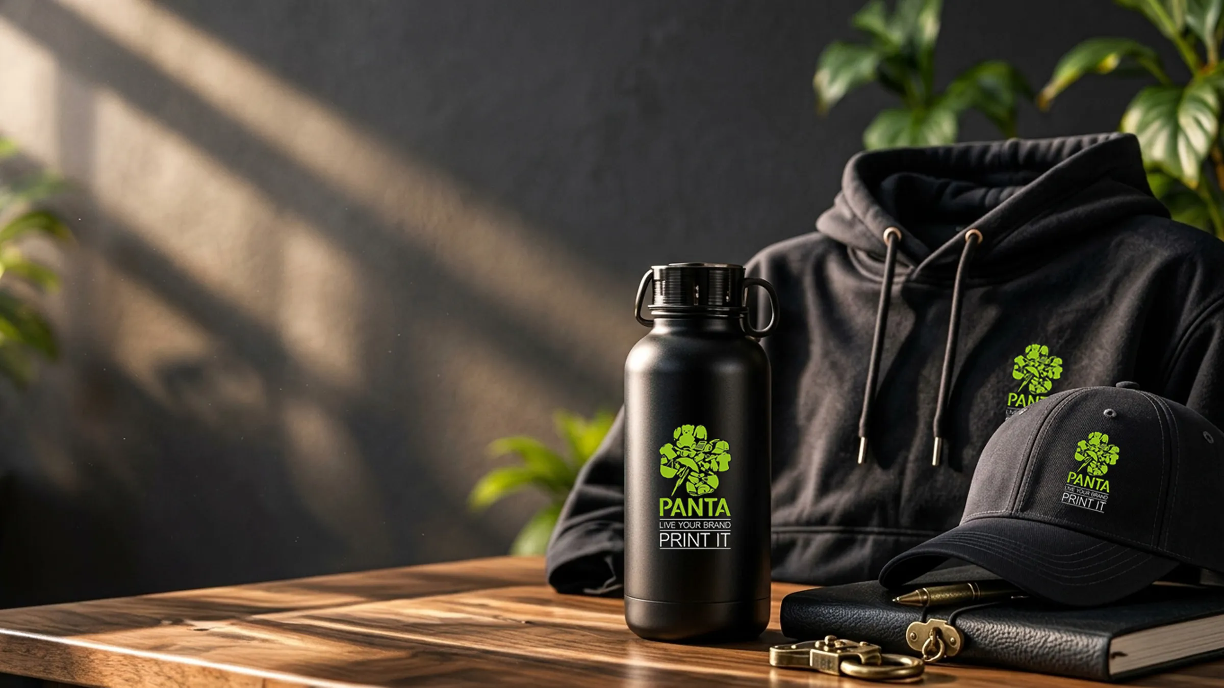 Felpa nera con il logo Panta, borraccia e cappellino personalizzati sul banco del reparto