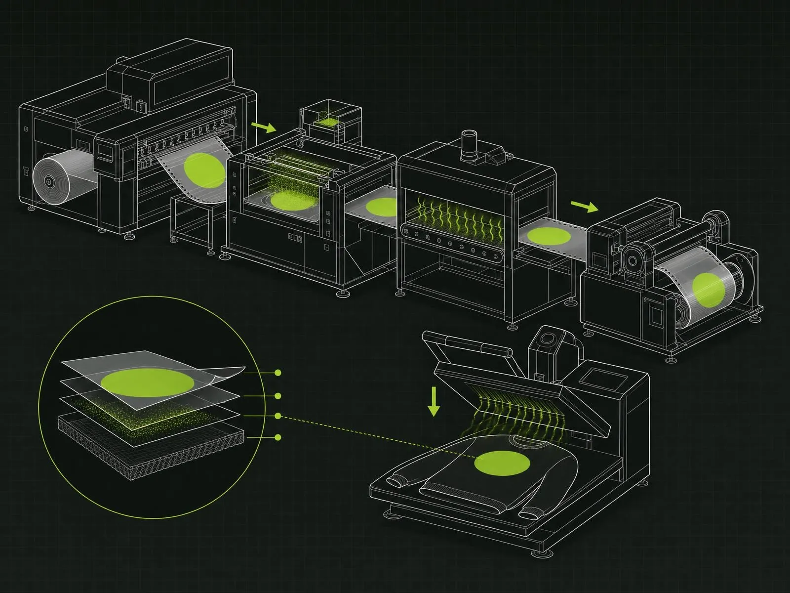 Schema di come si realizza la tecnica transfer dtf con i macchinari industriali