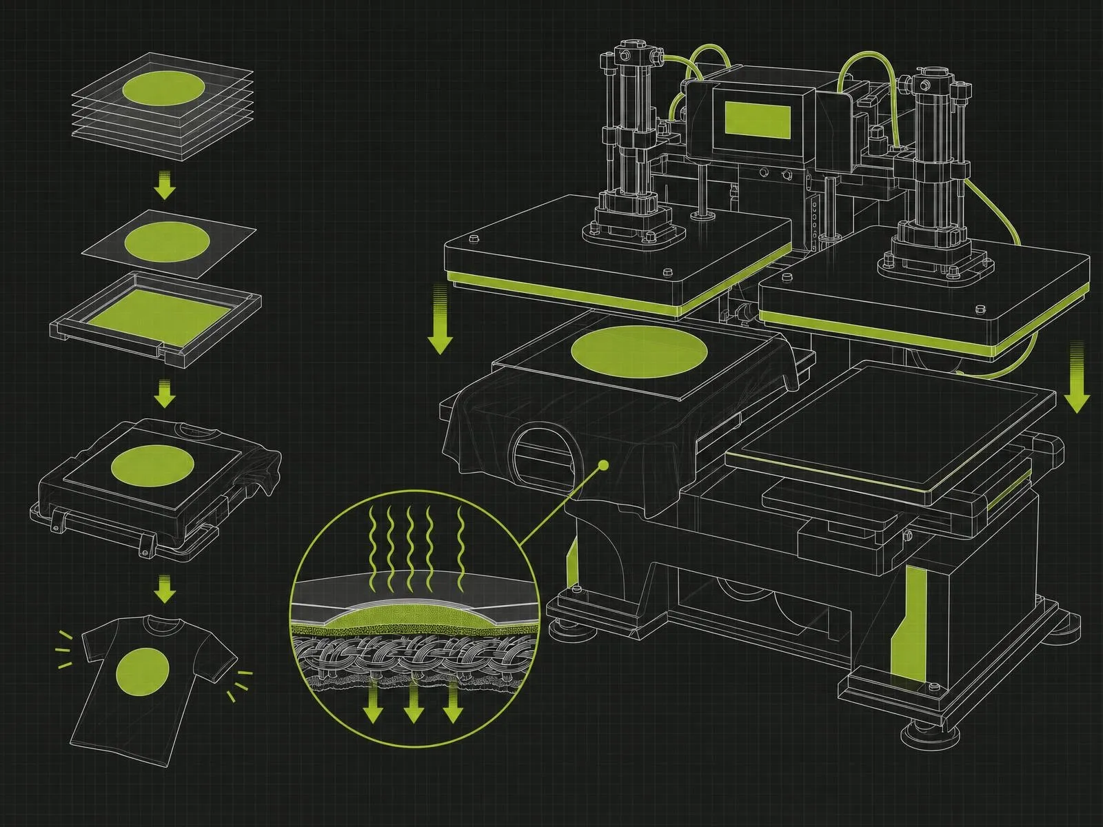 Schema di come si realizza la tecnica transfer serigrafico con i macchinari industriali